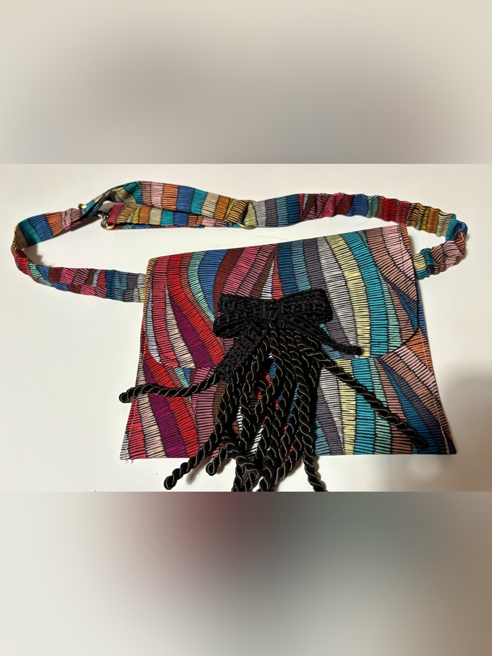 Multicolor Striped Crossbody Bag with Black Tassel Detail